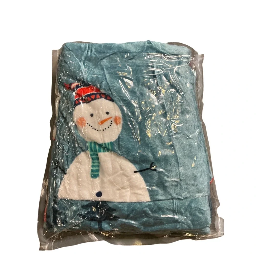 Cozy Plush Snowman Christmas Blanket Throw 50x60 Teal Blue